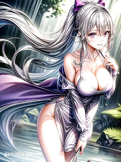 Cleavage Heaven: Thighs and Chest Revealed in White and Purple Dress Hentai