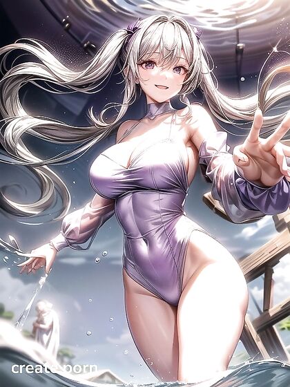 Wavy White and Purple Dress Drenched in Sprayed Water for Steamy Hentai Scenes