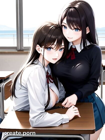 Lesbian SchoolGirl 18+s Hug Passionately in Public School Hentai AI Image
