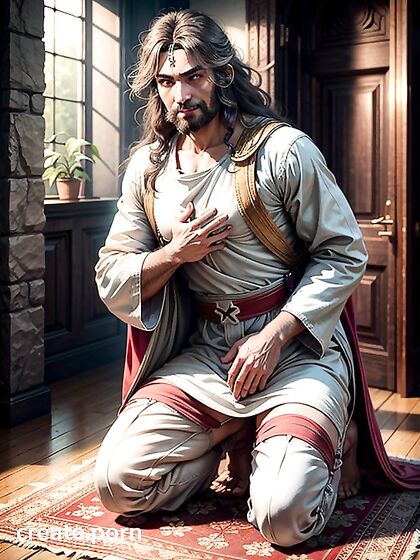 Jesus Christ in Vintage White and Red Robes with Hairy Legs and Arms in hentai Action