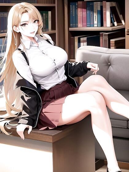 Sexy Scholar's Blouse Strains Against Her Excitement Amidst Towering Bookshelves Hentai