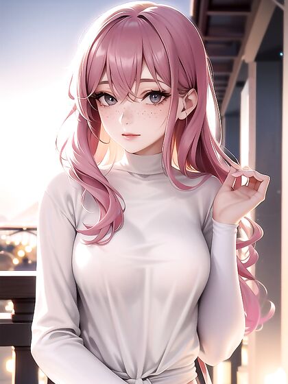 Dreamy Bokeh Lights Enhance Her Freckled Beauty and Flowing Ombre Waves in Seductive Hentai
