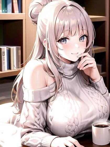 Chunky Sweater Slipping Off Shoulder, Seductive Smile with Gentle Lip Bite in Oversized Hentai