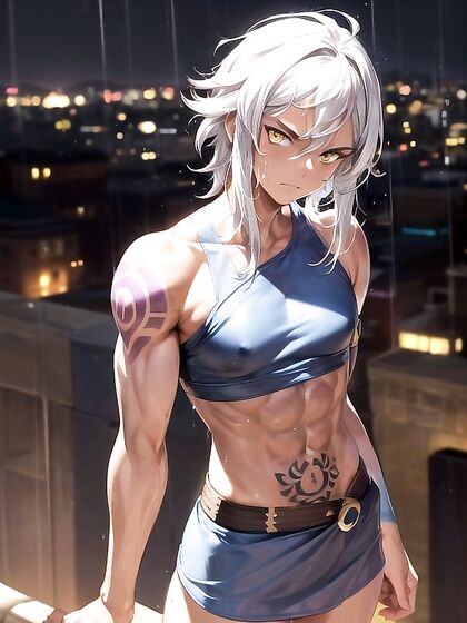 Muscular Man with Yellow Eyes and White Hair Takes on Intense Hentai Action