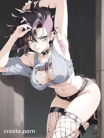 Spiky-Haired Chick in Fishnets and Black Outfit Seduces in Hentai Action