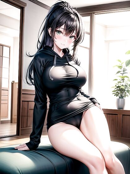Blushing Pale-Skinned Girl 18+ in Hoodie Smiles Mischievously in Hentai AI Action