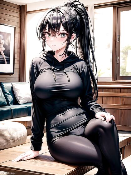 Hooded Beauty with Green Eyes Seduces in Sit-Down Hentai Action