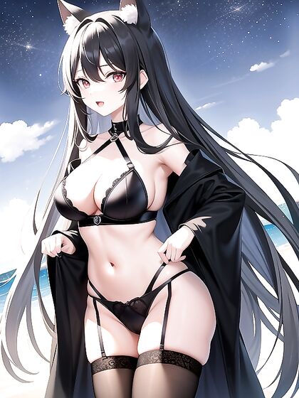 Dark-Skinned Girl 18+ with Grey Hair and Animal Ears Teasing in Black Lingerie and Thigh-Highs