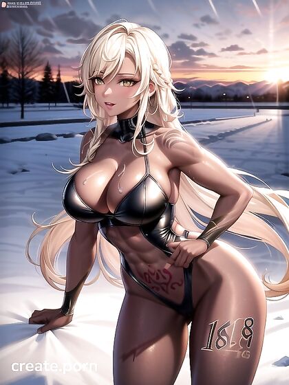 Gold-Skinned Beauty with Tattoos Enjoys Snowy hentai Pleasures