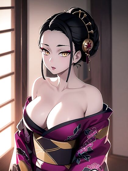 Seductive Black-Haired Beauty with Red Lips Stares into Your Eyes for Steamy hentai Pleasure