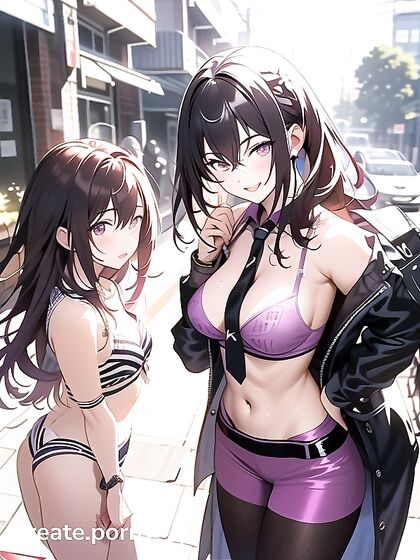 Purple-Haired Model Winks Seductively in Steamy Hentai Scenes