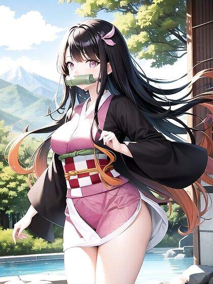 Nezuko from Demon Slayer Enjoying Passionate hentai Moments Amidst Distant Mountain Views