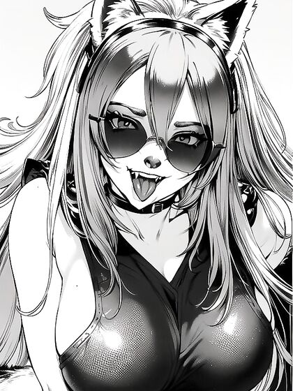 FurryWolf with Sunglasses Teases Long Tongue and Sharp Teeth in B&W Hentai Close-Up