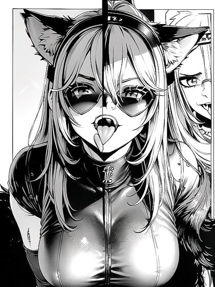 Furry Wolf With Sunglasses Teases Long Tongue in Black & White Hentai Closeup