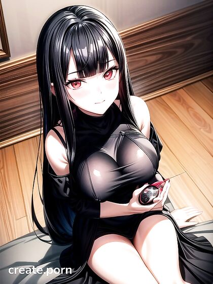 Mischievously Smiling With Blush: Black-Haired Beauty's ThighsExposed Hentai Delight