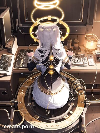 Glowing Mechanical Halo Enhances Church Scene with Computerized Bodypipe Hentai Pleasure