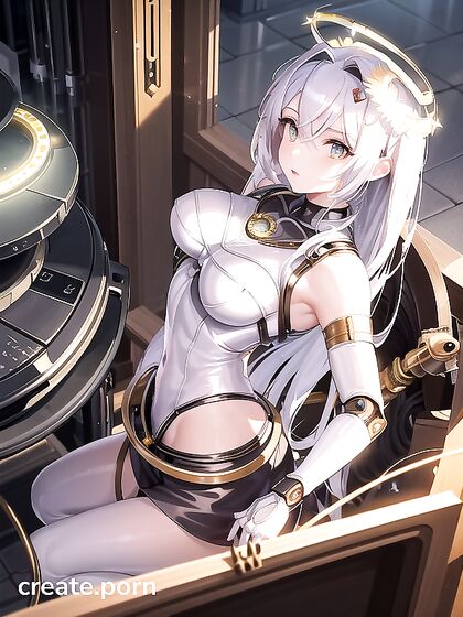 Mechanical Halo and Bodypipe Enhance Her Glowing Eyes in Seductive Hentai Scenes