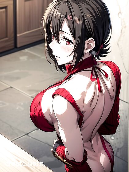 Mischievous Smile and Blush in a Sexy Red Backless Sweater Hentai Scene