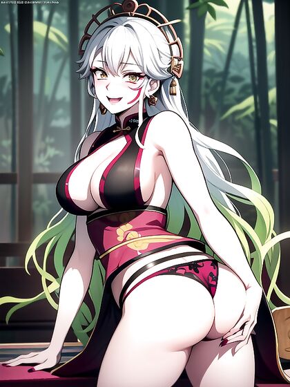 Mischievous Daki in Demon Form Teases with Smiles and Blushes During Supportive Ass Play