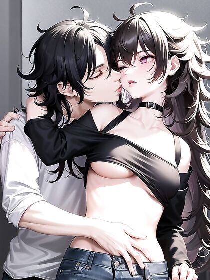 Messy-Haired Couple Lock Lips in Passionate Nighttime Hentai Bliss