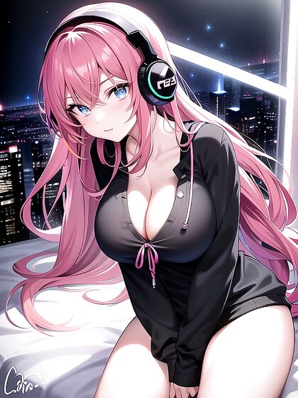 Skeet’s Neon Fantasy: Black Thigh-Highs and Sweaty Cleavage by Cityscape Nightlights