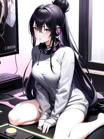 Skeet’s Neon Vibes: Casual Messy Bun and oversized sweatshirt in LED Lit hentai pleasure