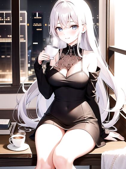 Blushing Beauty Sips Coffee While Gazing Dreamily in Erotic Hentai Scenes