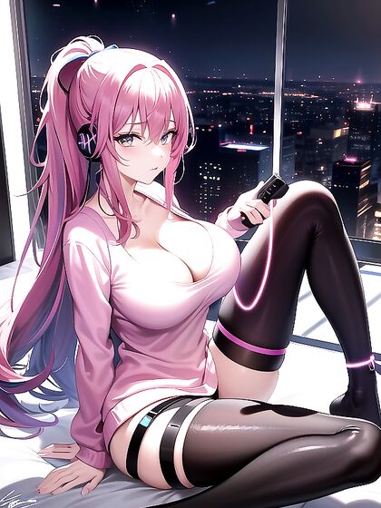 Neon Lit Bedroom Fantasy: Custom Controller Thrills in Vibrant Hentai Action