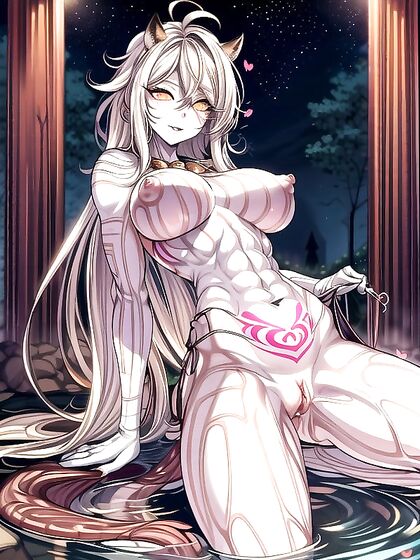 Blushingly Smirking White-Haired Beauty Shows Off Her Detailed Pussy in Hentai AI Image