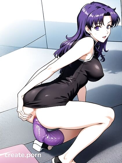 Misato from Evangelion Enjoying Intense Dildo-insertion Pleasure in Front View Hentai