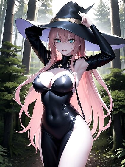 Witch in Seductive Arms-Up Pose Wearing Spellbinding Costume for Hot Hentai Action
