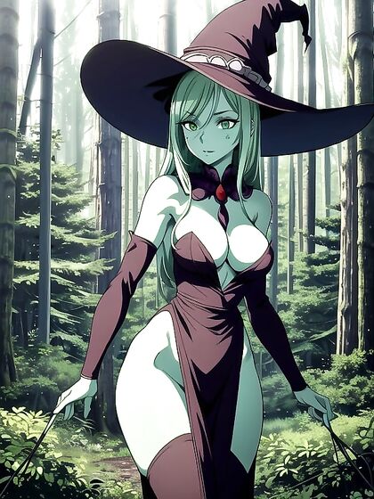 Witch in Seductive Dress and Hat Casts Spells of Pleasure at Midnight