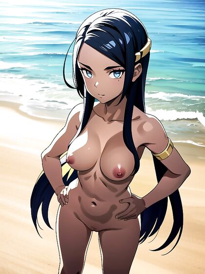 Beach hentai fantasy: Medium-breasted beauty poses hands-on-hips