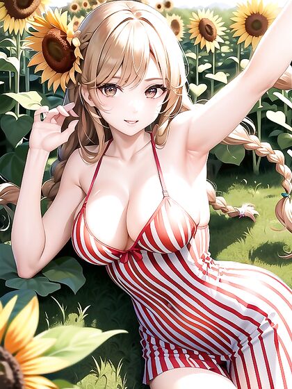Girl 18+ with Braided Chestnut Hair in Striped Summer Dress Seduces in hentai AIPorn