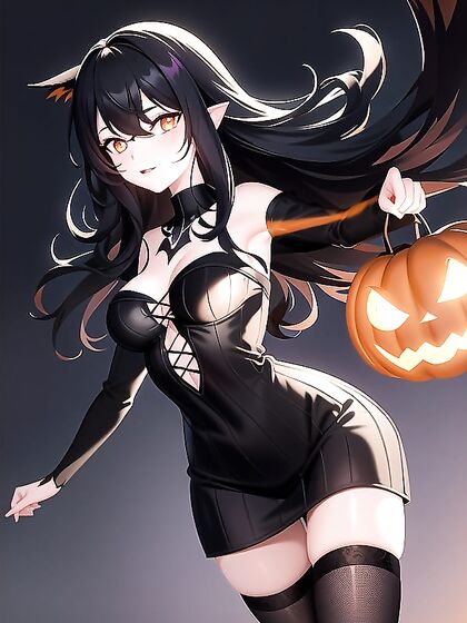Raven-haired Beauty Bound by Orange Ribbons Amid Glowing Halloween Pumpkin Decor