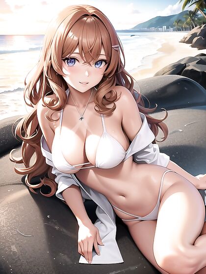 Beach Babe with Curling Waves and Vibrant Eye Makeup in Seductive Hentai Action