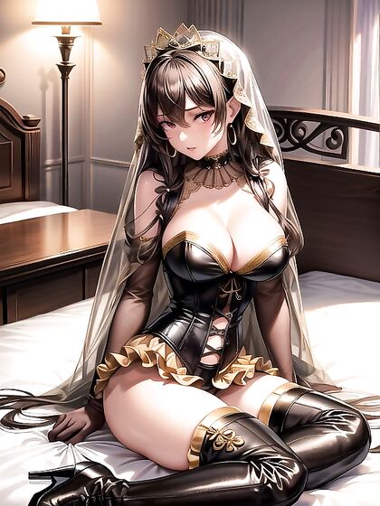 Seductive Femme in Thigh-High Boots and Gold-Trimmed Black Corset Hentai Action