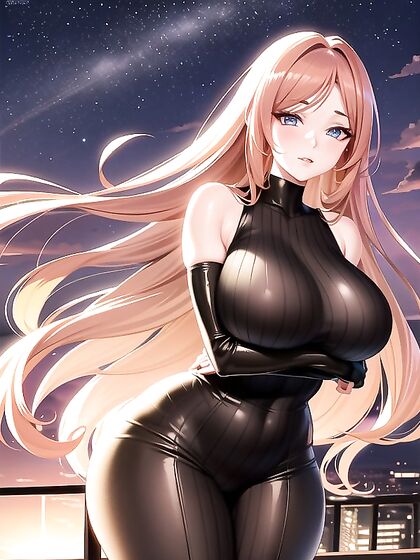 Plump Cherry Lips and OversizedVintage Sweater Hugging Her Curvy Body in Film Grain Hentai