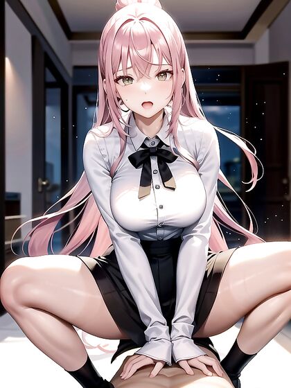 Pink-Haired Beauty with Tan Lines and Elegant Hair Bun Seduces in hentai AI Action