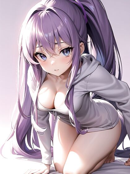 Girl 18+ with Long Wavy Purple Hair in Cozy Hoodie Ties Up for Seductive Hentai Pleasure