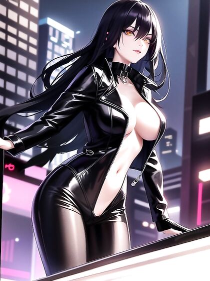 Diamond-Haired Beauty in Black Leather Jacket Explores Neon-City hentai Fantasies