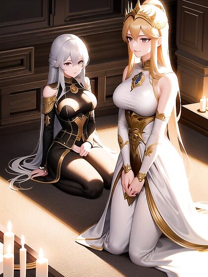 Young Woman Surrounded by Armored Knights in a Candlelit Grand Hall for Intimate Hentai Scenes