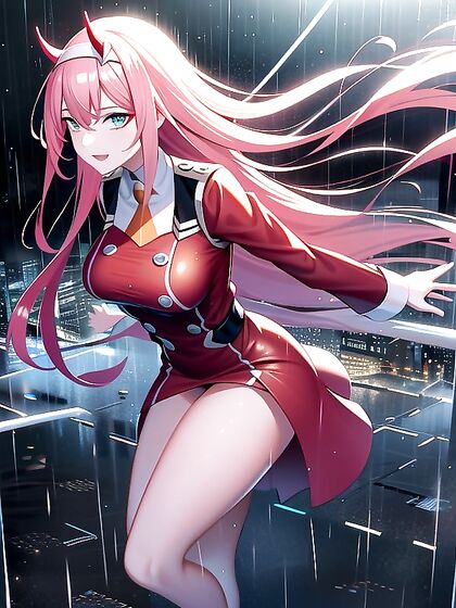 Zero Two Walks Rain-Slicked City Streets at Night in Hyper-Realistic Hentai Ecstasy
