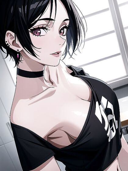 Busty Bust-Shot in Oversized Loose-Fitting Black Graphic T-Shirt Hentai Action