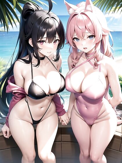 Blonde-Eyed Beauty with Pink and Black Hair in Seductive Hentai Action