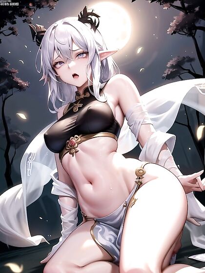 Kneeling Beauty with Pale Skin and Bangs in Seductive Hentai Action