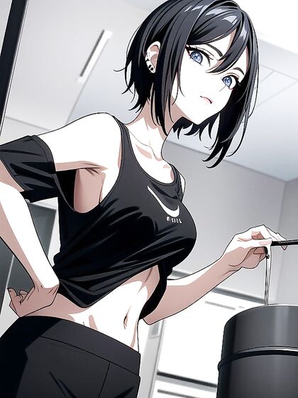 Short-haired Girl 18+ in Loose Black T-Shirt Touches Her Face in Horny Hentai Scene