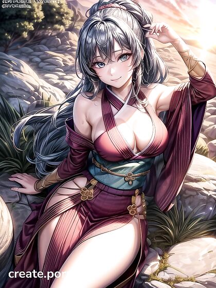 Blue-Haired Beauty in Kimono Shows Off Her Busty Charm in Seductive Hentai Scene