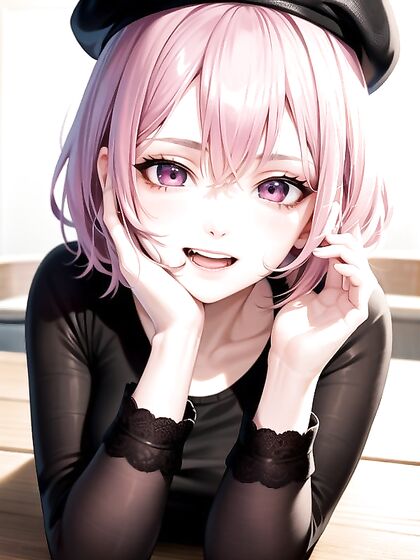 Girl 18+ with Pink Eyes and Hair Wears Beret for Hot Hentai Action