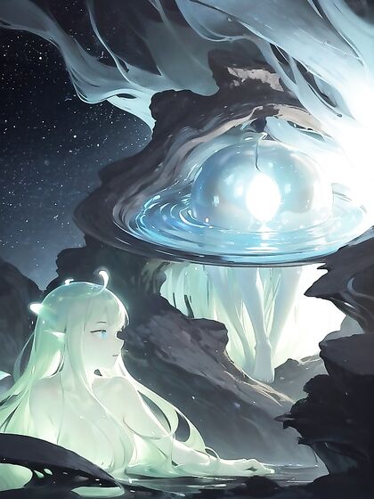 Slime Girl 18+ Enjoys Peaceful Pleasure in a Serene, Glow-Filled Dark Cave